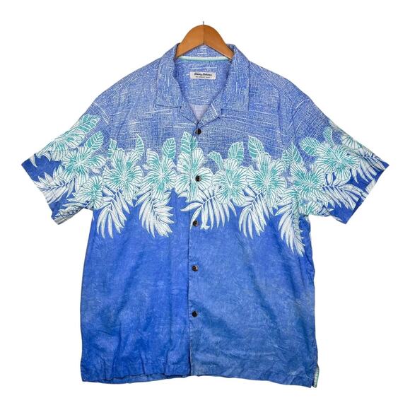 Tommy Bahama Shirt Mens XL Blue Aloha Hawaiian Palm Leaf Button Front Tencel - Picture 1 of 7